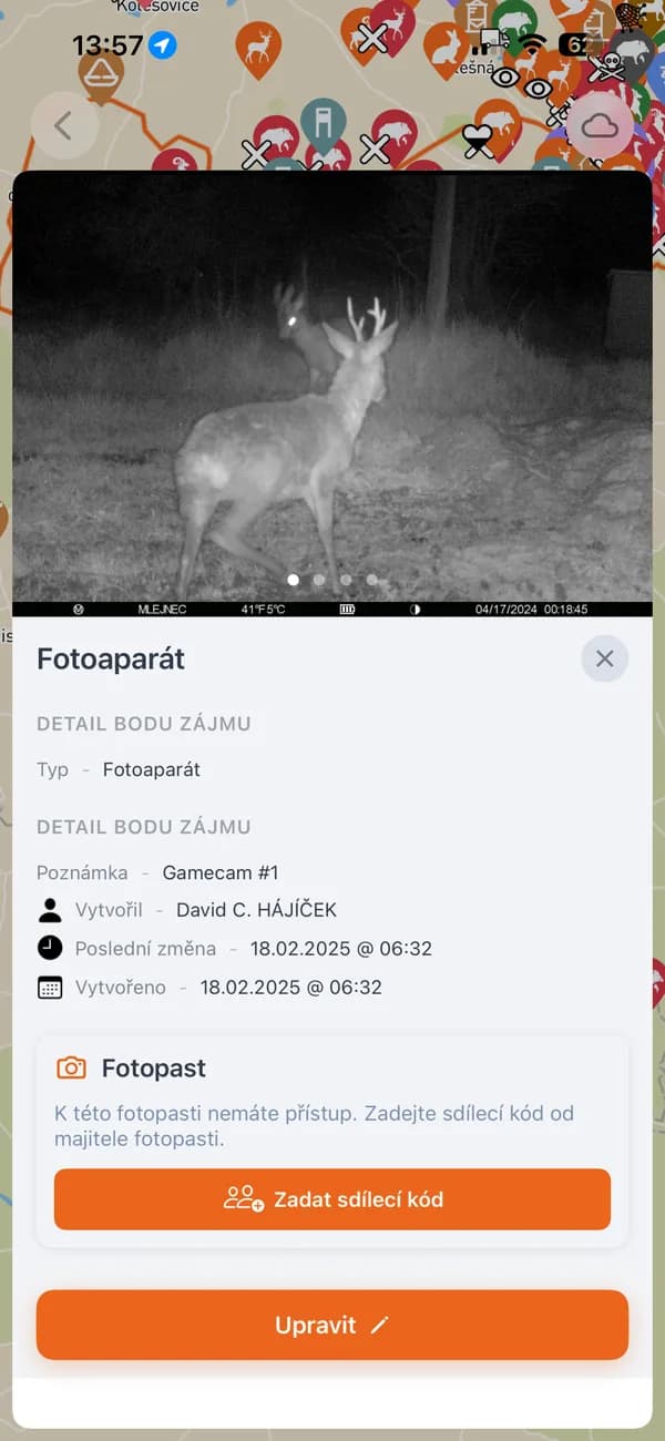 App HUNTERRA: dettaglio fototrappola con foto di un capriolo