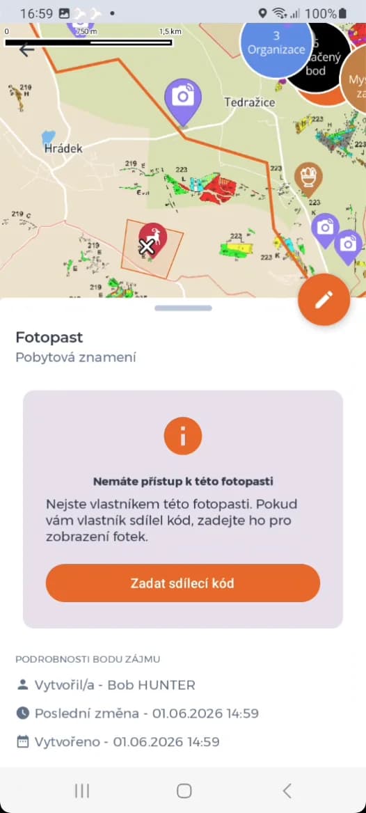 App HUNTERRA: mappa della riserva con le strutture venatorie e il dettaglio di una fototrappola