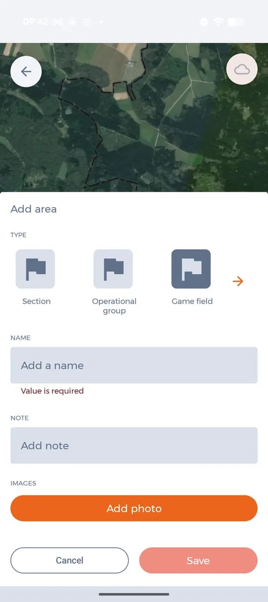 Tipo, nome, nota e foto dell'area.