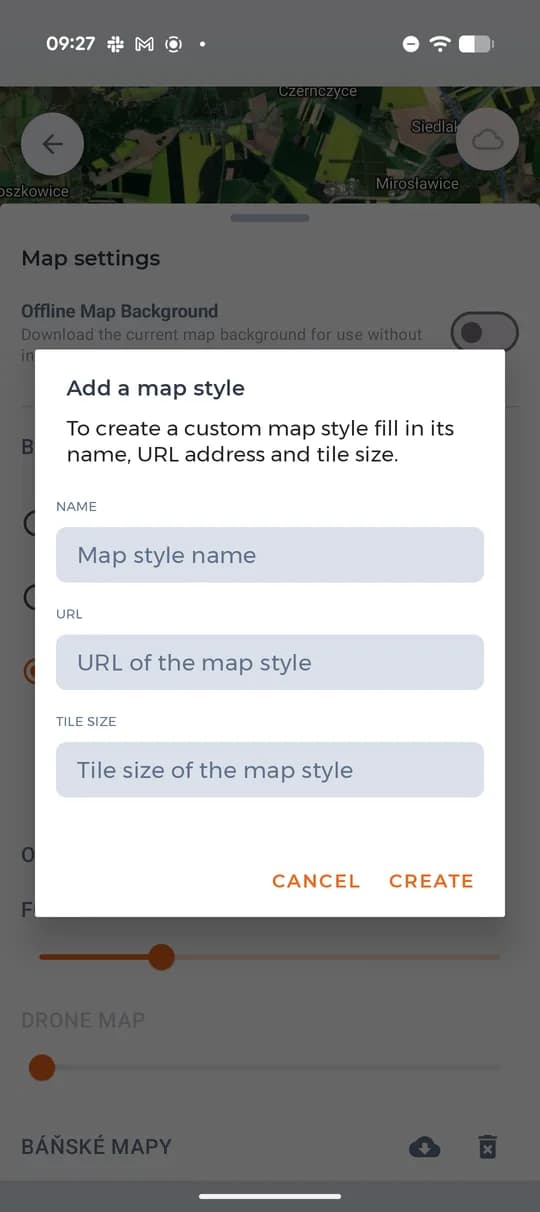 Aggiunta di una base cartografica: nome, URL e dimensione del tassello.