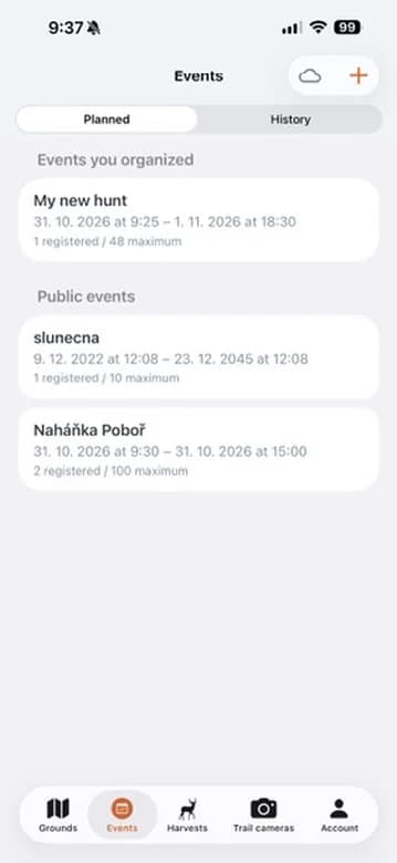 L'elenco degli eventi con il pulsante per crearne uno nuovo.