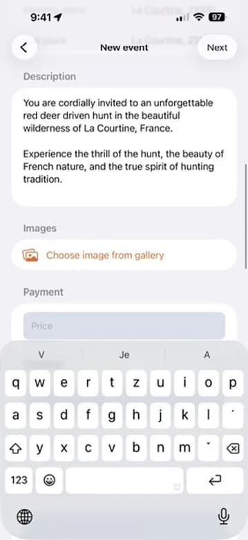 Descrizione, scelta delle foto e inizio della sezione Payment.
