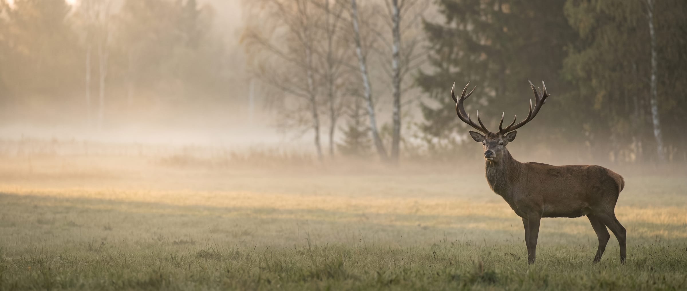 Un cervo al margine di un prato nella nebbia all’alba