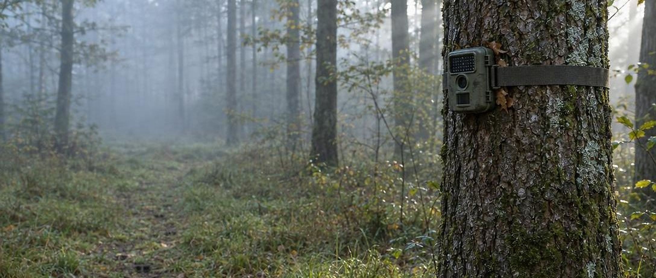 Una fototrappola fissata con una cinghia a una quercia ai margini di un bosco nebbioso, con un passaggio di selvaggina