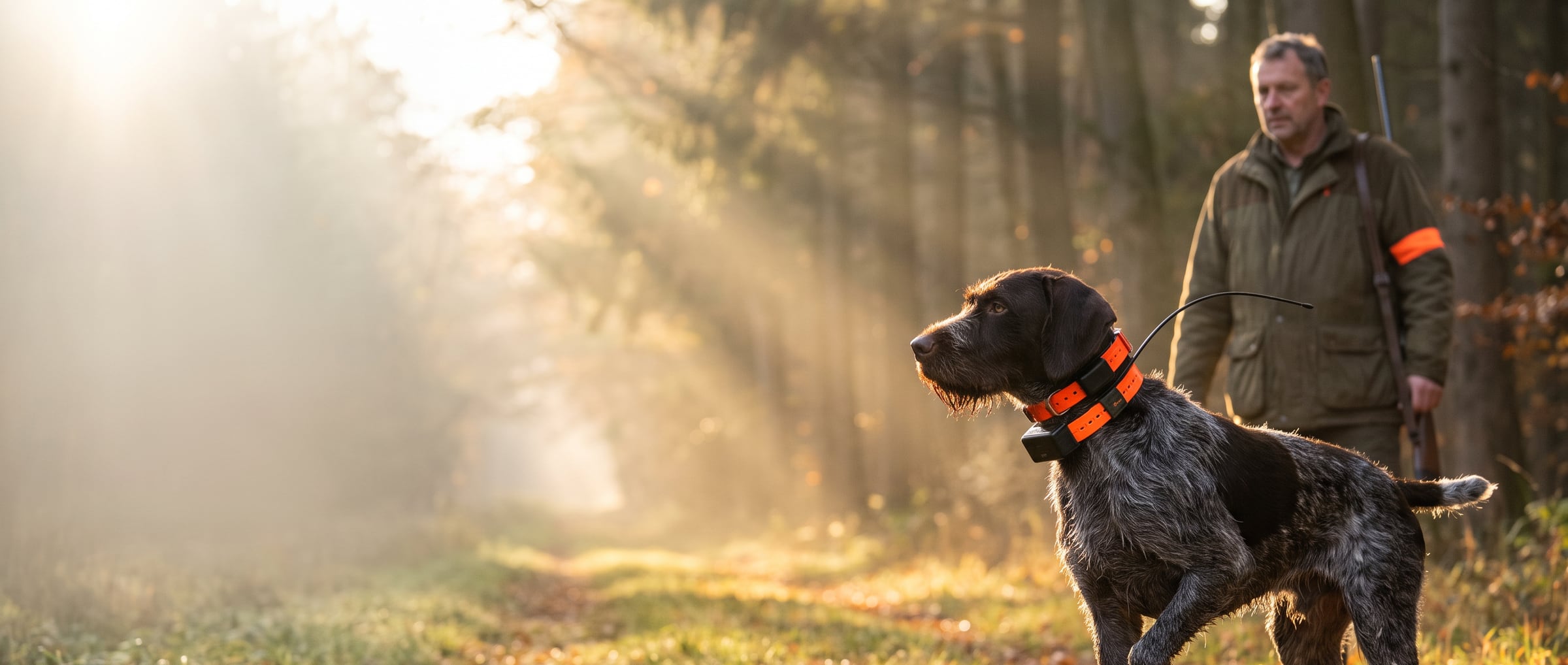 Un cacciatore segue sul telefono la traccia del suo cane, il cane con collare GPS aspetta nel bosco Un cacciatore segue sul telefono la traccia del suo cane, il cane con collare GPS aspetta nel bosco
