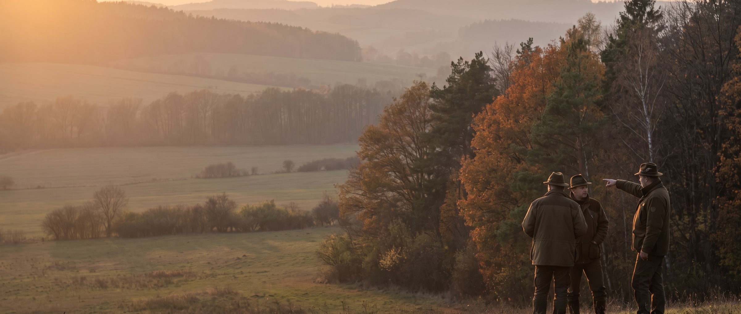 Tre cacciatori al margine del bosco, uno indica il paesaggio autunnale al tramonto