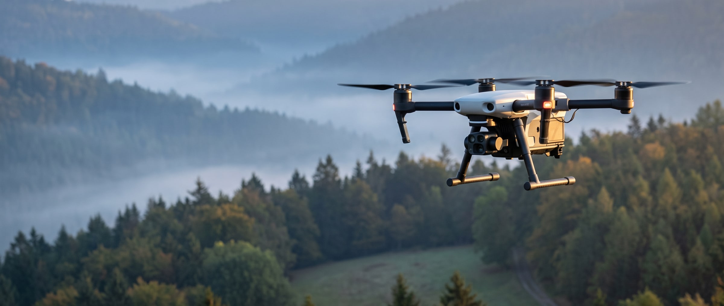 Un drone con termocamera vola sopra una riserva boscosa all'alba Un drone con termocamera vola sopra una riserva boscosa all'alba