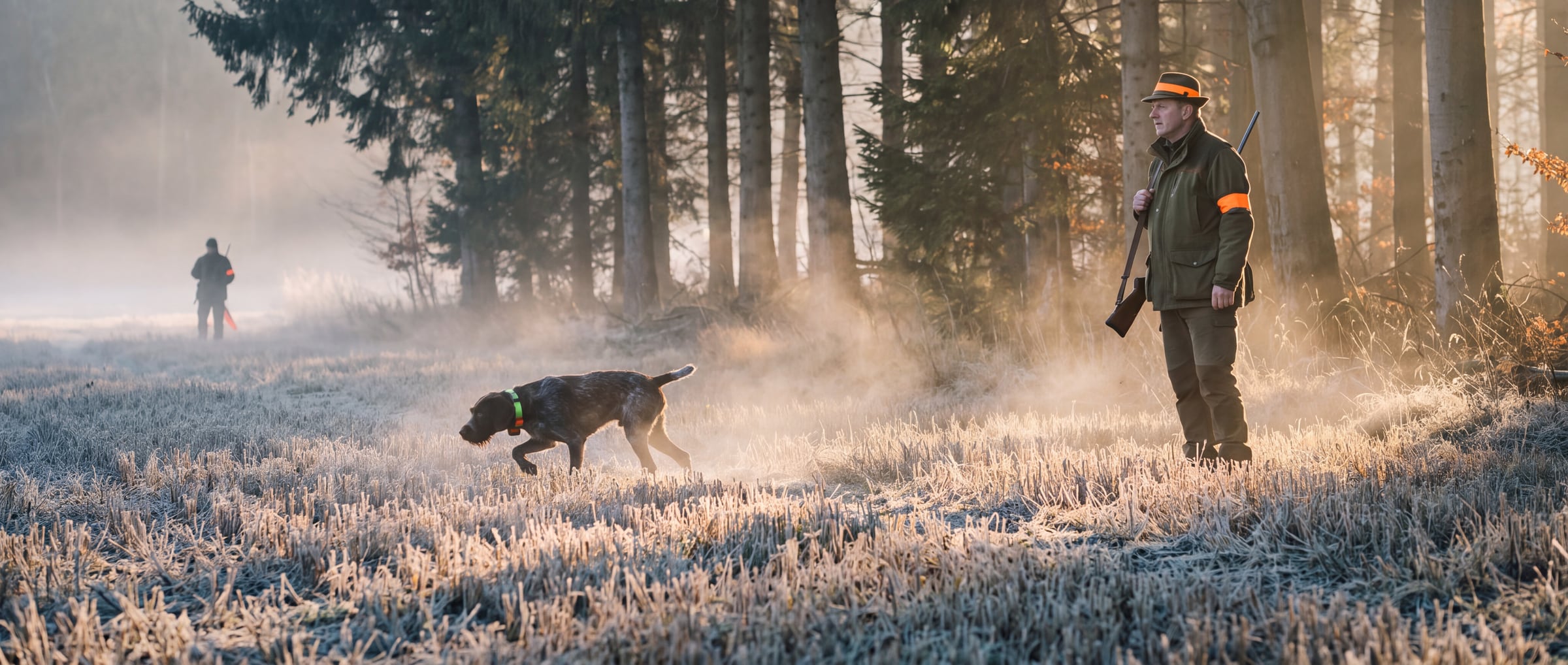 Un cacciatore con la carabina, un cane con collare GPS e un secondo cacciatore in lontananza su una stoppia gelata nella nebbia del mattino