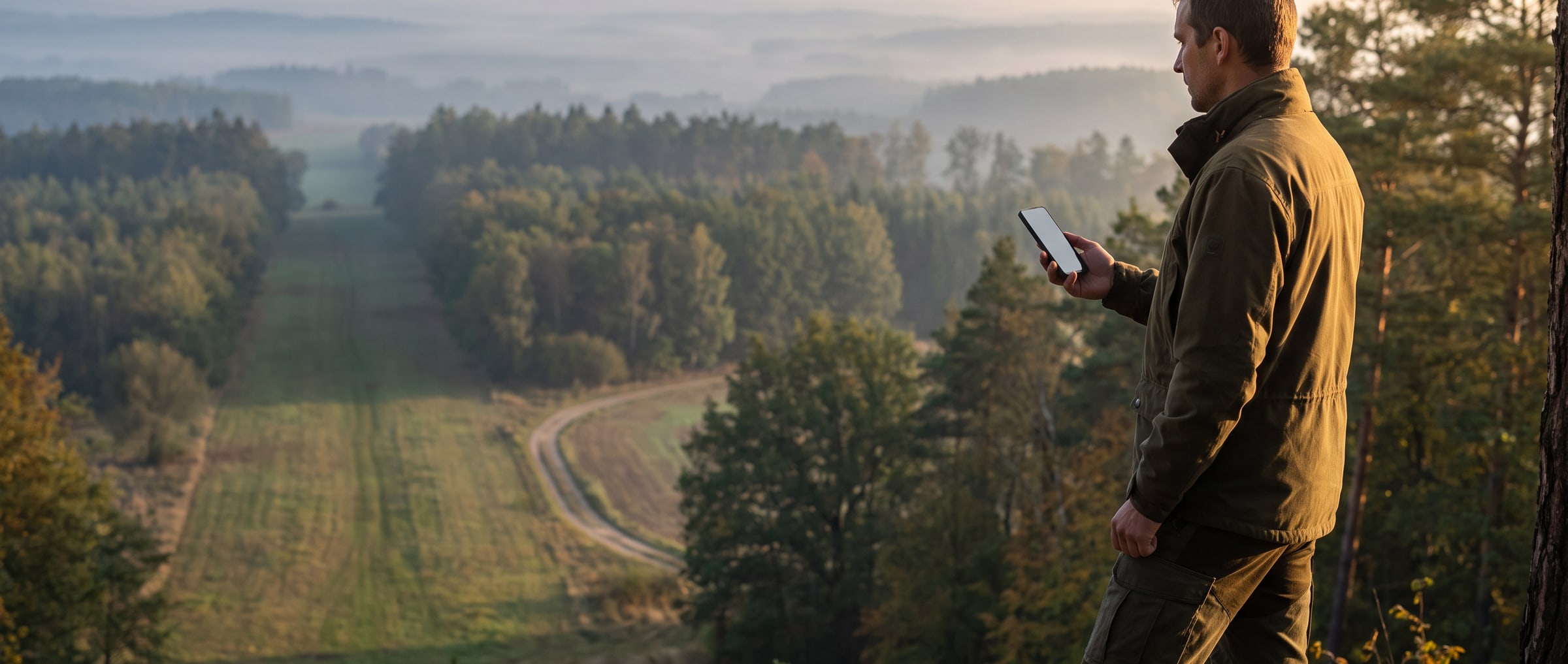 Un cacciatore con il telefono al margine del bosco sopra una valle nebbiosa con una fascia tagliafuoco e una strada
