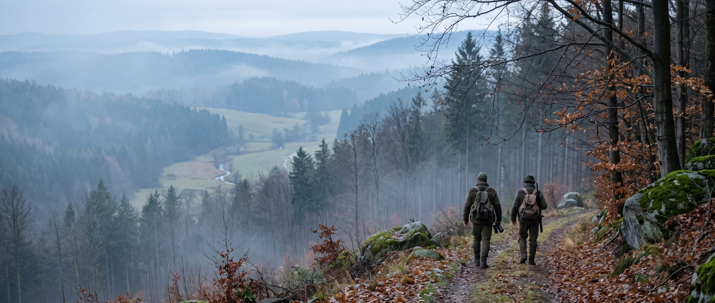 Due cacciatori scendono lungo un sentiero forestale verso una valle nebbiosa. Due cacciatori scendono lungo un sentiero forestale verso una valle nebbiosa.