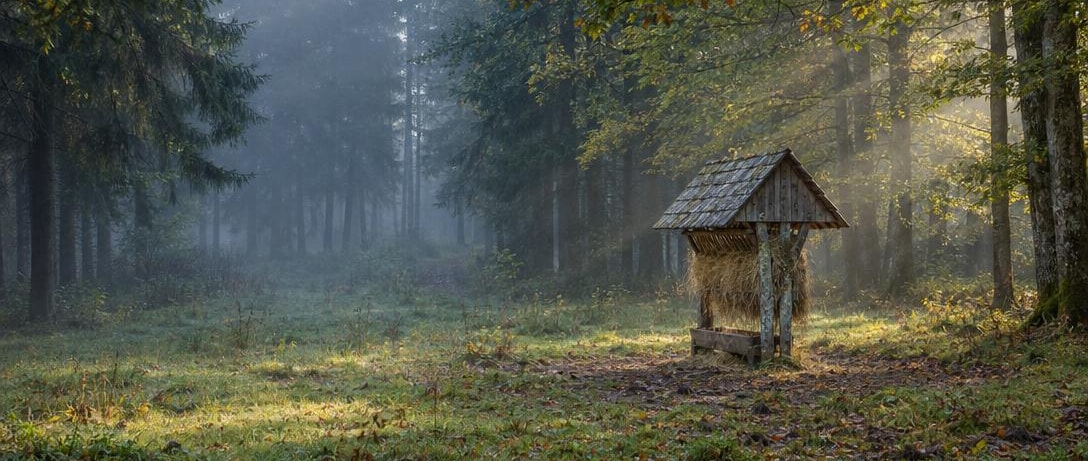 Una rastrelliera per fieno in legno invecchiato in una radura nebbiosa, raggi di sole tra gli alberi