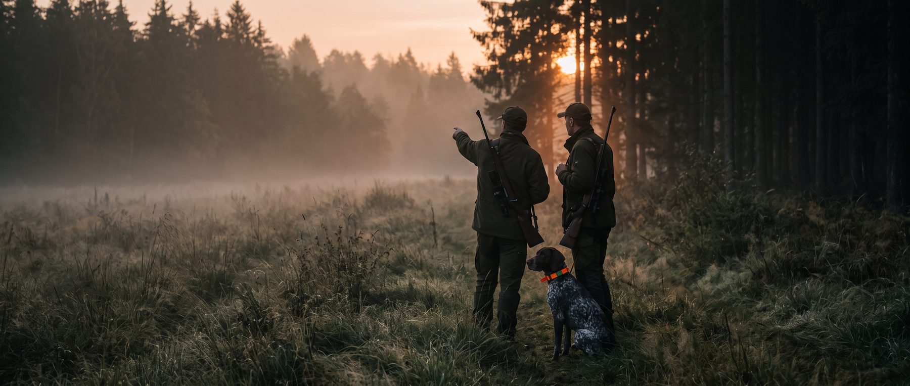 Due cacciatori con un cane con collare GPS arancione al margine del bosco nella nebbia mattutina